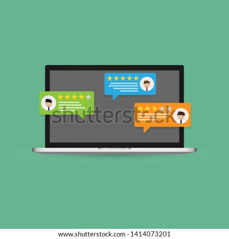 New vector illustration of laptop having customer review notifications with ratings, flat style design Computer display and client feedback or online review, concept of experience, rating, stars