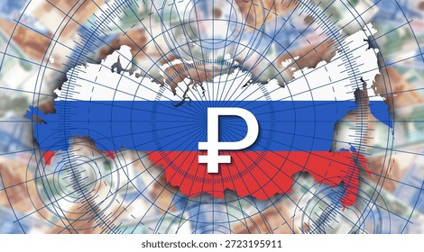 New vector map of Russian Federation in colors of national flag. Tricolor. Ruble symbol. Russia. Diagram, circles and drawing. Blurred turbid banknotes. Finance and economy banner