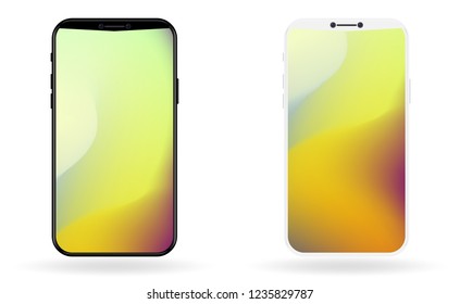 New vector mobile smartphone mockup  isolated on white. Realistic high quality phone concept with camera. Template For UI design with triangle notch display. Abstract mesh amber colors wallpapers set 