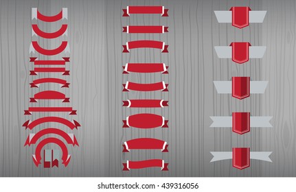 New vector set of RED RIBBON, BANNER AND TAGS collection. Tricolor, flat color style. Long and short ribbon banners. Additional price tags collection with wood interior background