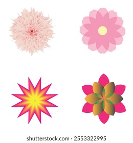 New Vector set of terry flower icons. Simple aster, chrysanthemum or daisy stickers with white outline