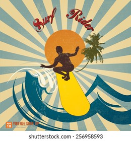 New vector Vintage card - surf up hawaii summer beach with  rising sun or sun ray,sun burst retro