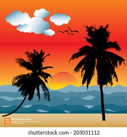 New vector Vintage summer beach with  Silhouette coconut tree holiday design