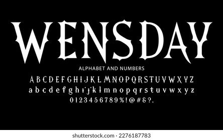 New vector Wednesday alphabet with signs, symbols and numbers. White on black background.