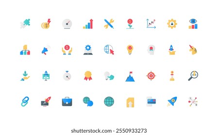 New venture, startup or business project opening and development strategy color icon set. Unicorn and rocket launch, quality and algorithm, creative idea to make money flat element vector illustration