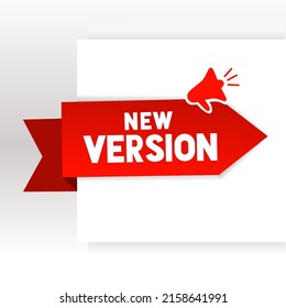 Nuevo diseño de banner de versión. Icono de nueva versión. Banner de la nueva versión de la cinta moderna. Actualización ahora. Ilustración vectorial plana.