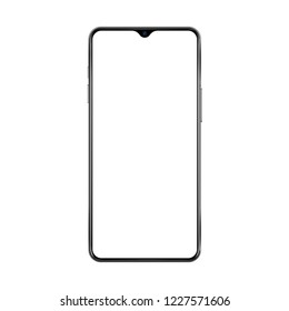 New version of black thin frame smartphone with small face camera and blank white screen. Realistic vector illustration.