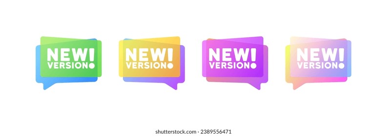 Nuevas burbujas de versiones. Plano, color, burbujas de mensajes, nuevos iconos de versión. Icono de vector