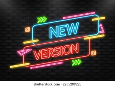 New version neon label on blue background. Red banner. Vector illustration