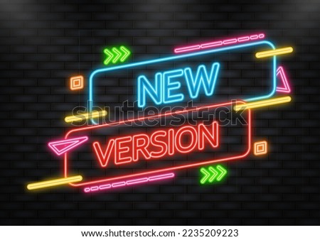 New version neon label on blue background. Red banner. Vector illustration