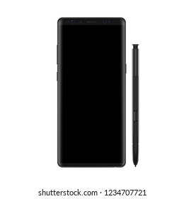 New version of realistic modern vector note smartphone with full black screen. Frameless elegant display smartphone with stylus.