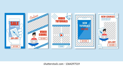New Video Tutorials Online Set of Templates Vector Illustration. New Courses Sale. Podcast Courses, Audio and Video Recording. Internet Distance Learning with Discounts. Woman Sitting with Laptop.