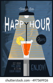 New Vintage Happy Hour Poster  For Advertising. Cocktail Glass Under The Beam Of Light Illustration. Distressed Inscription. Halftone Stripes Background. Vector Image. 