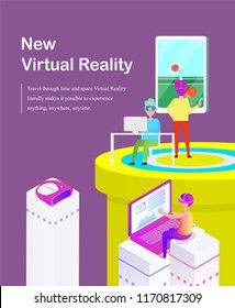 New virtual reality cartoon banner with gadgets vector set. People in special helmets and glasses playing video game on screen and laptop, text sample