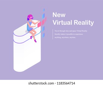 New virtual reality concept cartoon advertising vector banner. Girl sitting on isolated column in special headpiece with glasses, playing video games