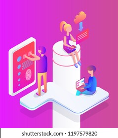 New virtual reality poster communication online concept. People traveling, in time and space using vr goggles and innovative technologies, digital world