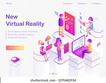 New virtual reality promo Internet banner. Virtual augmented reality landing page template with people who use modern devices vector illustration.