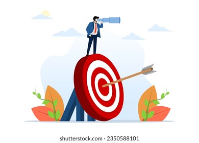 New vision or challenge concept. New goal. Binoculars entrepreneur looking for a new goal. Business victory or target achievement. Champion looks for the next mission objective or target. vector.