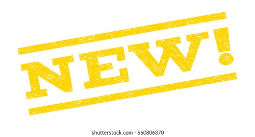 New! watermark stamp. Text tag between parallel lines with grunge design style. Rubber seal stamp with scratched texture. Vector yellow color ink imprint on a white background.