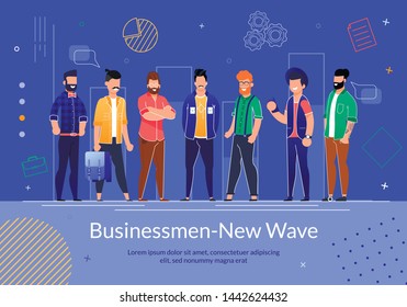 New Wave Businessmen Flat Vector Banner Template with Freelancers, Techno Startup Owners, E-Commerce Entrepreneurs Happy Smiling Male Characters in Daily, Casual Clothing Standing in Row Illustration