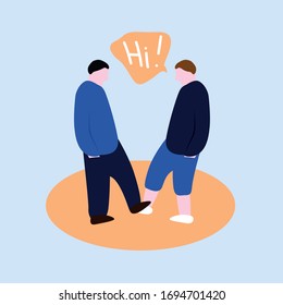New way of saying Hi in the quarantine times. Two men greeting each other by shaking feet instead of shaking hands
