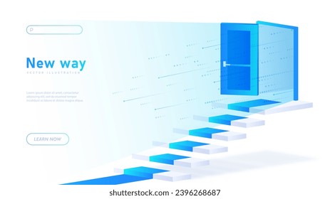 New way white poster. Open neon blue door with steps. Aspiration and inspiration. Motivation and success. Landing page design. Cartoon isometric vector illustration isolated on white background