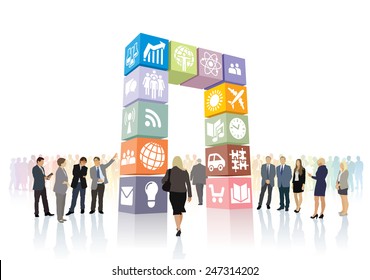 New web portal is open to the colorful crowd of people, gate of icons and signs.