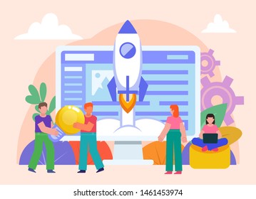 New website launch, web app startup. Group of people stand near big screen, rocket launch. Flat design vector illustration. Poster for social media, web page, banner, presentation