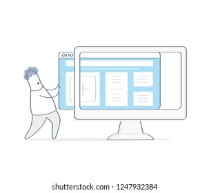 New website template launch, ux ui design updates, changing website design. Outline cartoon man uploading new website theme to computer monitor display. Flat outline vector illustration.