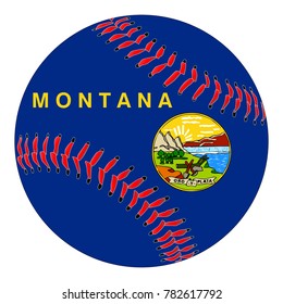 A new white baseball with red stitching with the Montana state flag overlay isolated on white