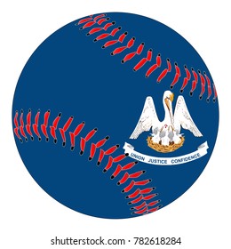 A new white baseball with red stitching with the Lousisana state flag overlay isolated on white