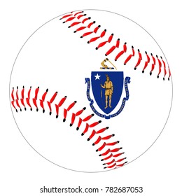 A new white baseball with red stitching with the Massachusetts state flag overlay isolated on white