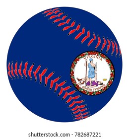 A new white baseball with red stitching with the Virginia state flag overlay isolated on white