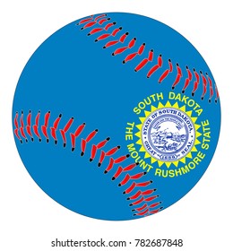 A new white baseball with red stitching with the South Dakota state flag overlay isolated on white