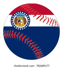 A new white baseball with red stitching with the Missouri state flag overlay isolated on white
