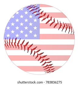 A new white baseball with red stitching with Stars and Stripes flag overlay isolated on white