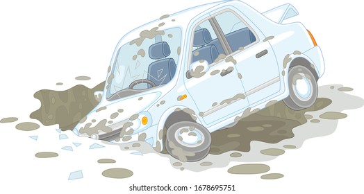 New white car had an accident in a giant dirty and deep pothole on a broken road, vector cartoon illustration isolated on a white background