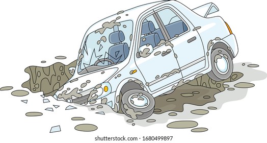 New white car had an accident in a giant dirty and deep pothole on a broken road, vector cartoon illustration isolated on a white background