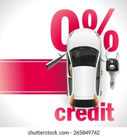 New white car with open front door standing on the red carpet. Against the background of a red font written zero interest rate on the loan. On the percent symbol hanging black ignition key.