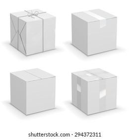 New white cardboard boxes wrapped in paper. Vector illustration set