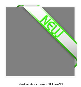New white corner ribbon with green text