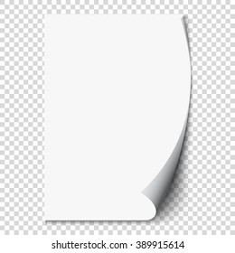 New white page curl on blank sheet isolated paper. Realistic empty folded page. Transparent design sticker. Vector background graphic illustration eps10