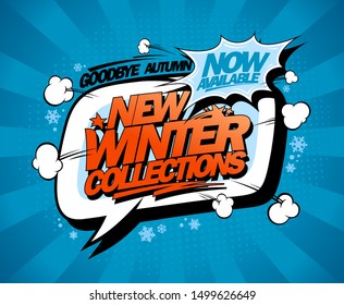 New winter collections now available, vector fashion banner design with speech bubble