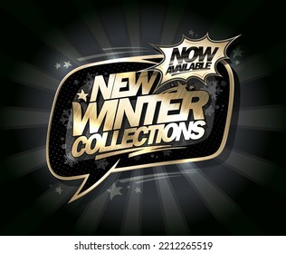 New winter collections vector poster or web banner template with golden lettering and golden speech bubble