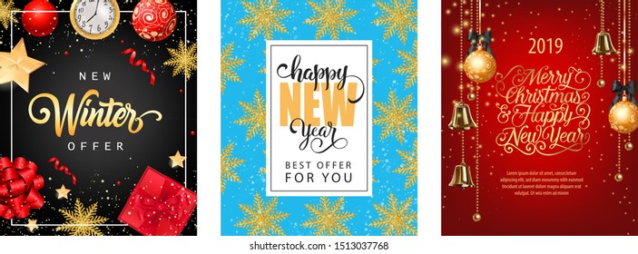 New Winter offer banner set on bright ground. Decorative design can be used for invitations, post cards, announcements