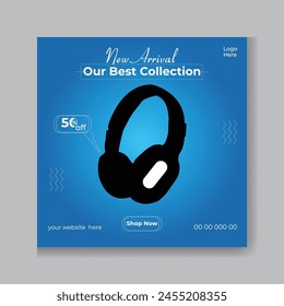 New wireless headphone sale template design for digital marketing. Modern headphone brand promotion web banner vector with purple and blue colors. Headphone social media post vector.