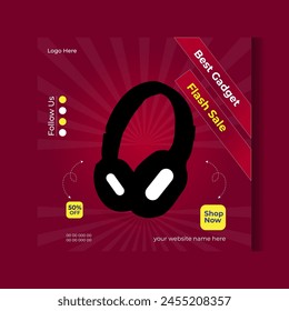 New wireless headphone sale template design for digital marketing. Modern headphone brand promotion web banner vector with purple and blue colors. Headphone social media post vector.