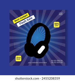 New wireless headphone sale template design for digital marketing. Modern headphone brand promotion web banner vector with purple and blue colors. Headphone social media post vector.