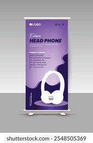 New Wireless Headphone Sale Template Design for Roll-up Banner Design and Modern Headphone Brand Promotion Rollup Banner Design for Music Earphone Sale