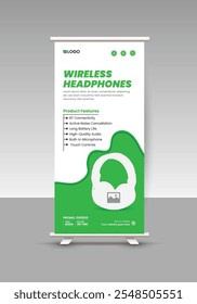 New Wireless Headphone Sale Template Design for Roll-up Banner Design and Modern Headphone Brand Promotion Roll-up Banner Design for Music Earphone Sale